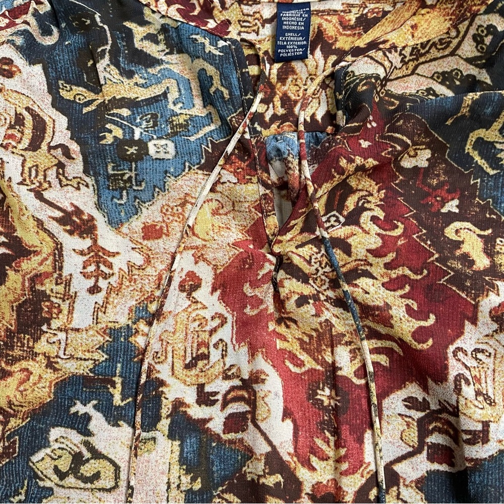 Chaps Blouse 2X Womens Paisley Multi Boho Semi-sheer Tie Neck - Picture 2 of 8